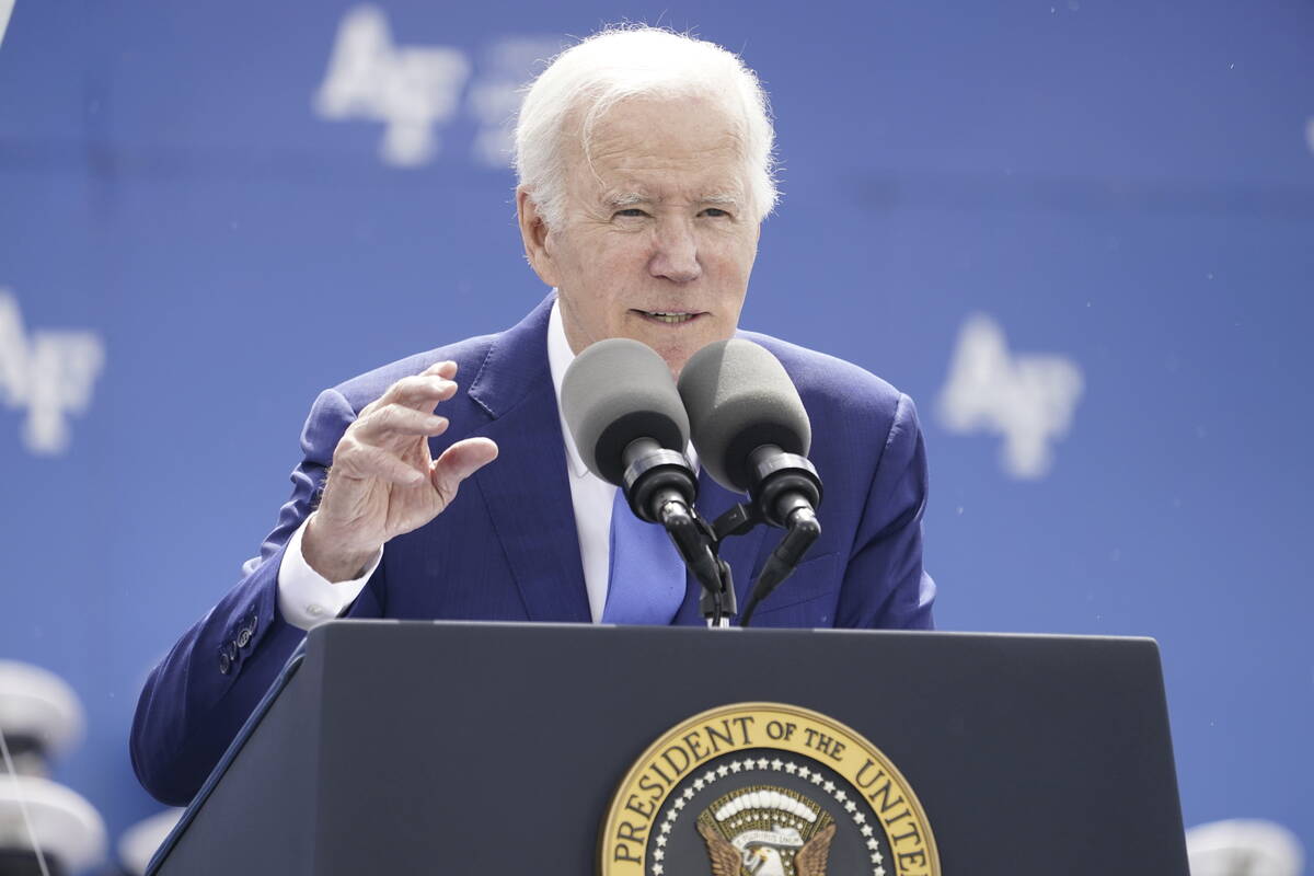 President Joe Biden speaks during the 2023 United States Air Force Academy Graduation Ceremony ...