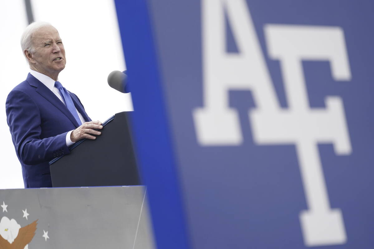 President Joe Biden speaks during the 2023 United States Air Force Academy Graduation Ceremony ...