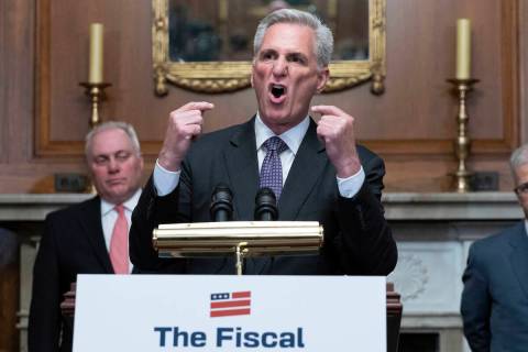 Speaker of the House Kevin McCarthy, R-Calif., along with other Republican members of the House ...