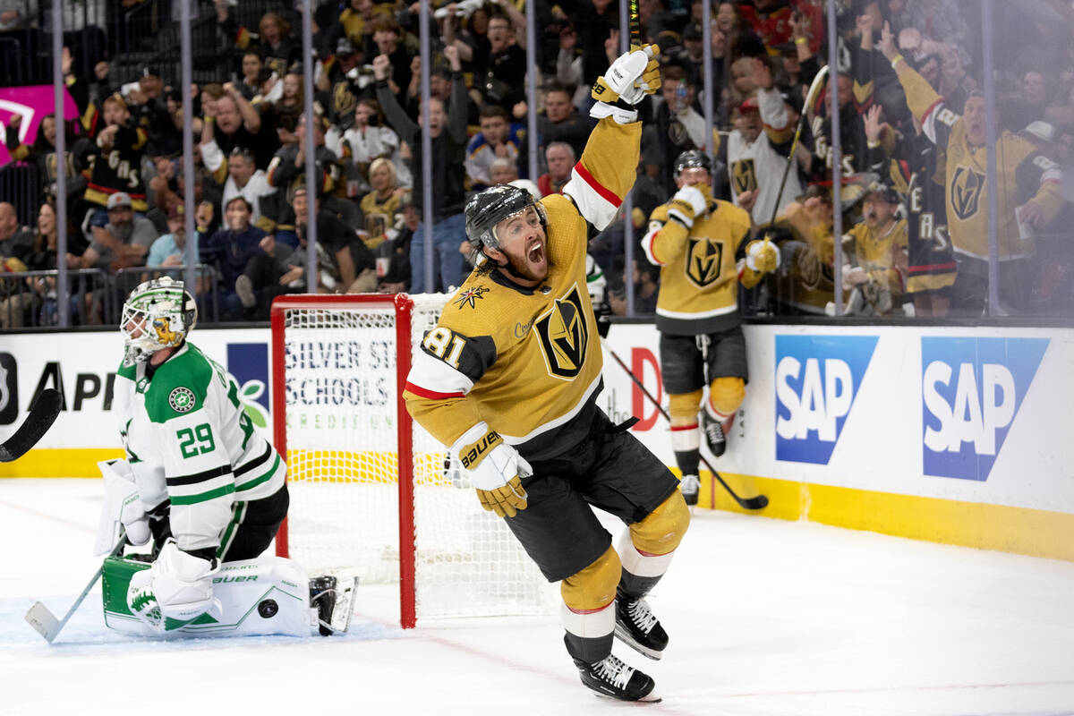 Golden Knights right wing Jonathan Marchessault (81) cheers after scoring on Dallas Stars goalt ...