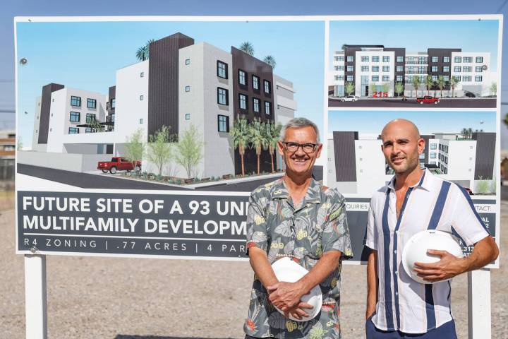 Developers Glenn Plantone, left, and David Raanan, right, pose for a portrait by a sign for the ...