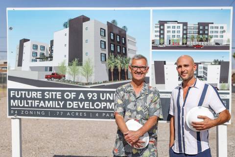 Developers Glenn Plantone, left, and David Raanan, right, pose for a portrait by a sign for the ...