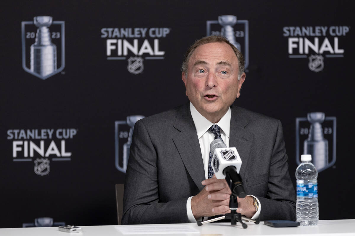 Gary Bettman, commissioner of the NHL, speaks in a news conference before Game 1 of the NHL hoc ...