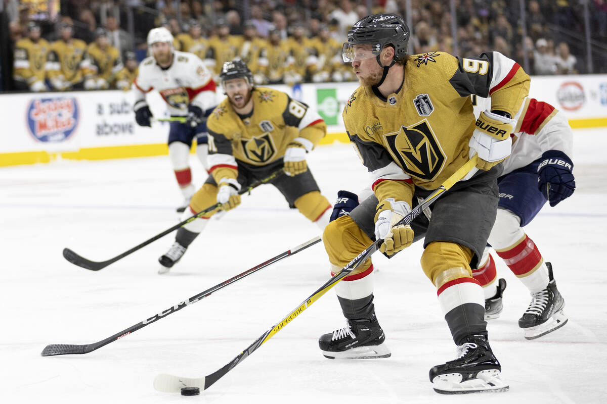 Golden Knights center Jack Eichel (9) skates for the net during the first period in Game 1 of t ...