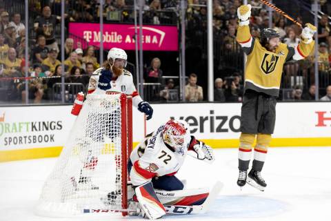 Golden Knights right wing Mark Stone (61) celebrates his team’s goal over Florida Panthe ...