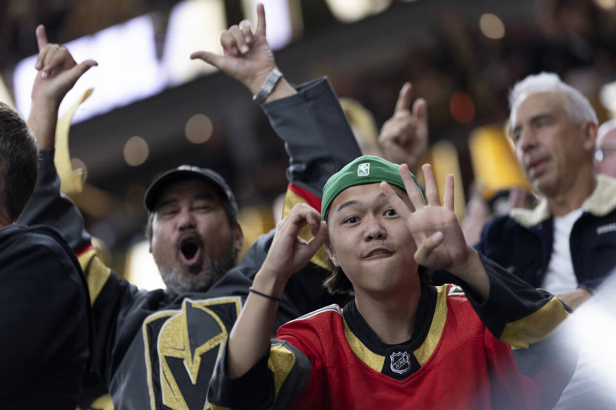Golden Knights cheer after right wing Mark Stone scored during the third period in Game 1 of th ...