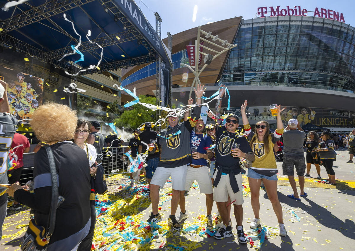Golden Knights fans toss streamers outside before the start of Game 1 of the NHL hockey Stanley ...