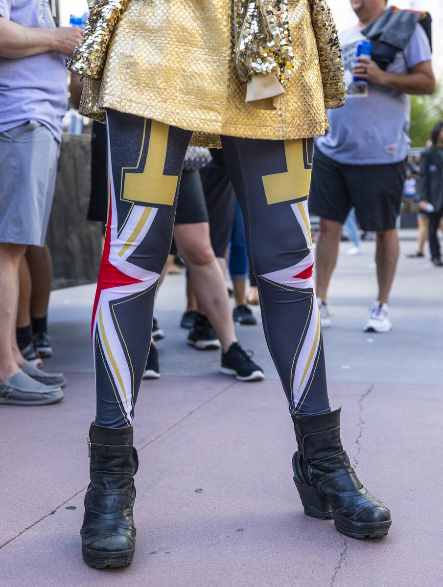 A Golden Knights fan sports tights with their logo outside before the start of Game 1 of the NH ...