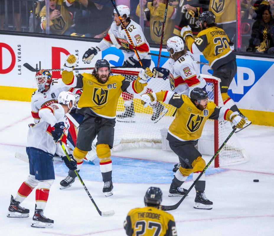 Golden Knights right wing Mark Stone (61) and Golden Knights right wing Jonathan Marchessault ( ...