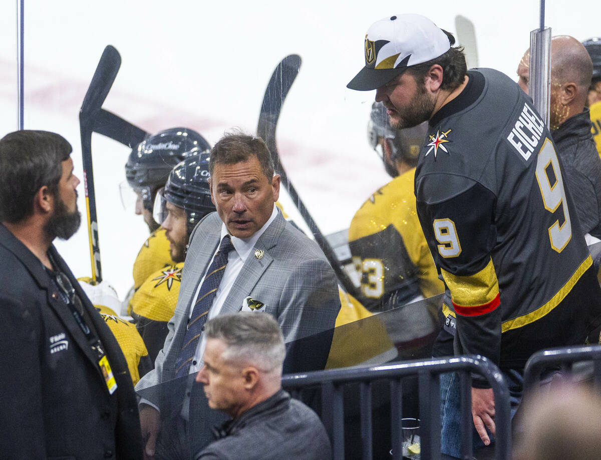 Golden Knights head coach Bruce Cassidy looks back from the bench against the Florida Panthers ...
