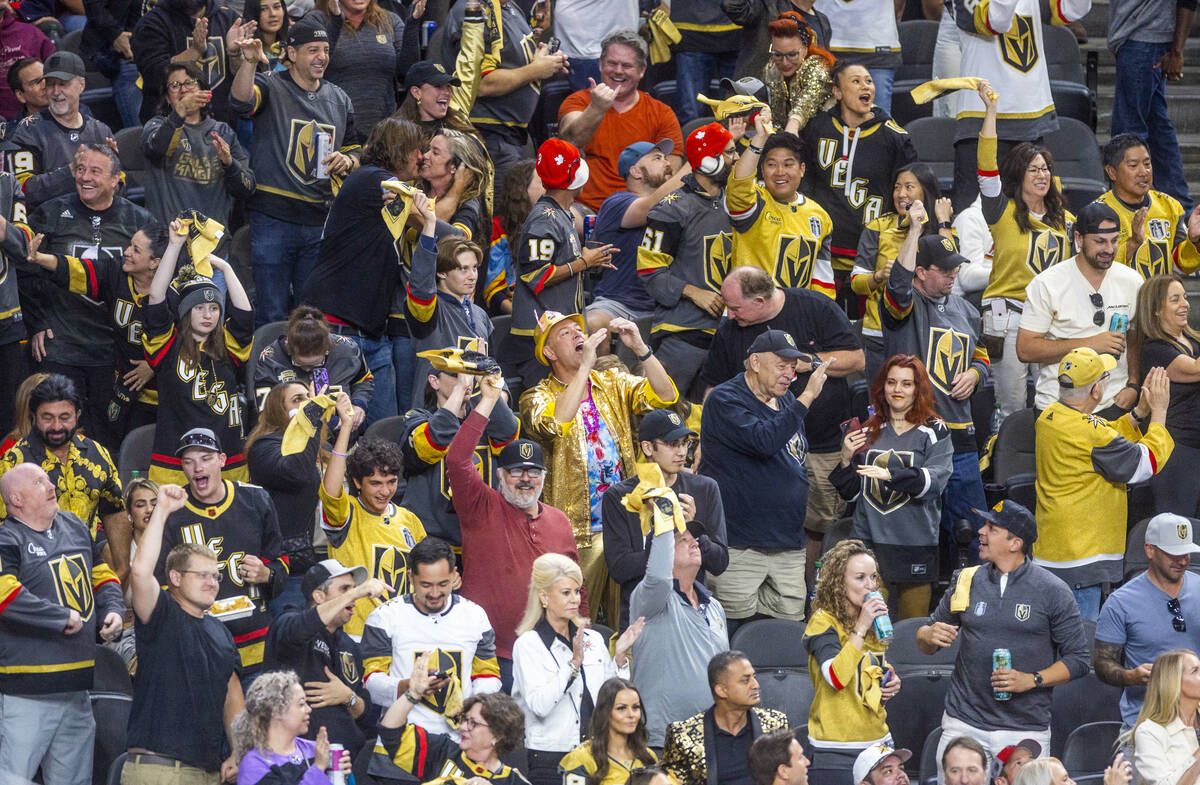 Golden Knights fans celebrate a goal against the Florida Panthers during the second period in G ...