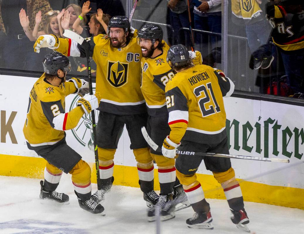 Golden Knights defenseman Zach Whitecloud (2), right wing Mark Stone (61), center Chandler Step ...