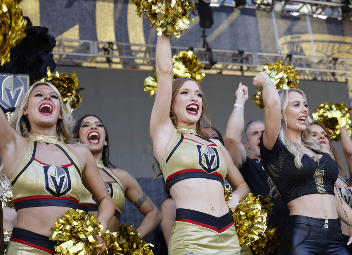 Golden Knights Vegas Vivas cheerleaders perform outside T-Mobile Arena, Saturday, June 3, 2023, ...
