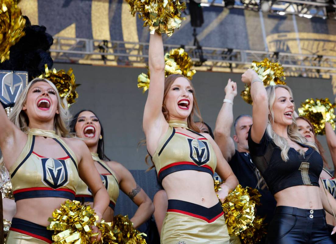 Golden Knights Vegas Vivas cheerleaders perform outside T-Mobile Arena, Saturday, June 3, 2023, ...