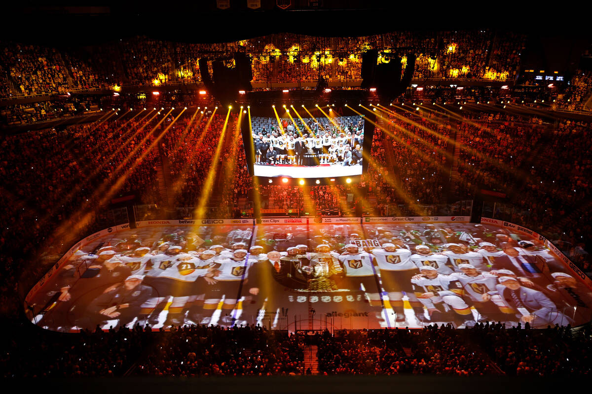 A projection is seen on the ice during the pre-game show before Game 1 of the NHL hockey Stanle ...
