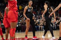 Las Vegas Aces forward A'ja Wilson (22) celebrates a foul called on the Atlanta Dream during th ...