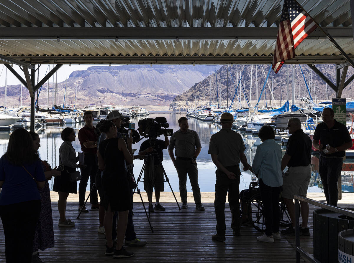 U.S. Sen. Jacky Rosen, third right, speaks during her visit at the Las Vegas Boat Harbor in the ...