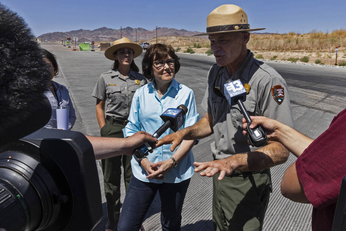 Mike Gauthier, right, National Park Service superintendent, speaks as U.S. Sen. Jacky Rosen (D ...