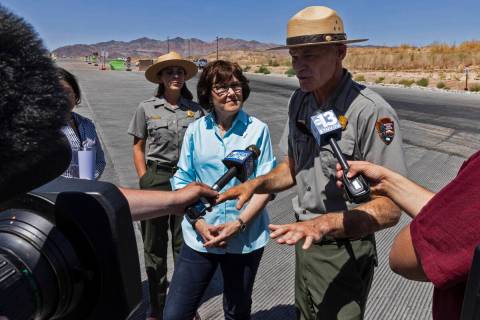 Mike Gauthier, right, National Park Service superintendent, speaks as U.S. Sen. Jacky Rosen (D ...