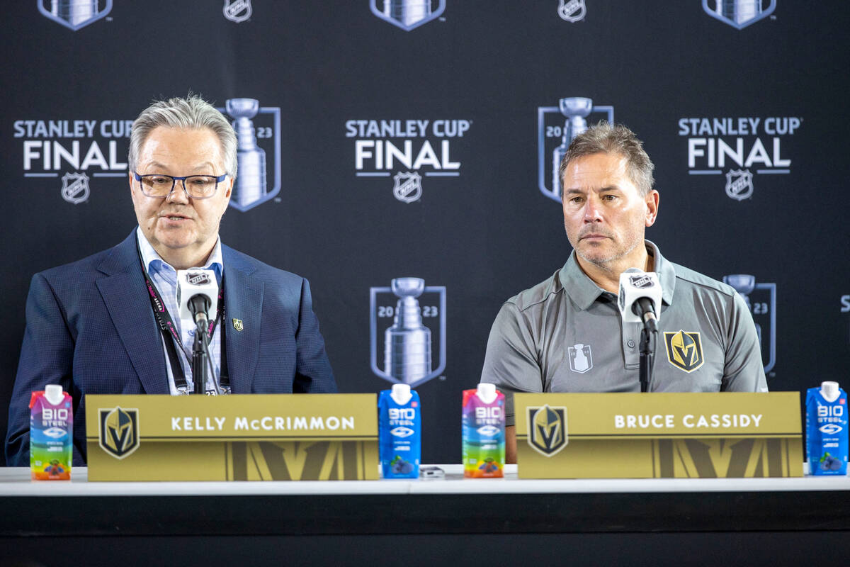 Golden Knights general manager Kelly McCrimmon and head coach Bruce Cassidy attend a news confe ...