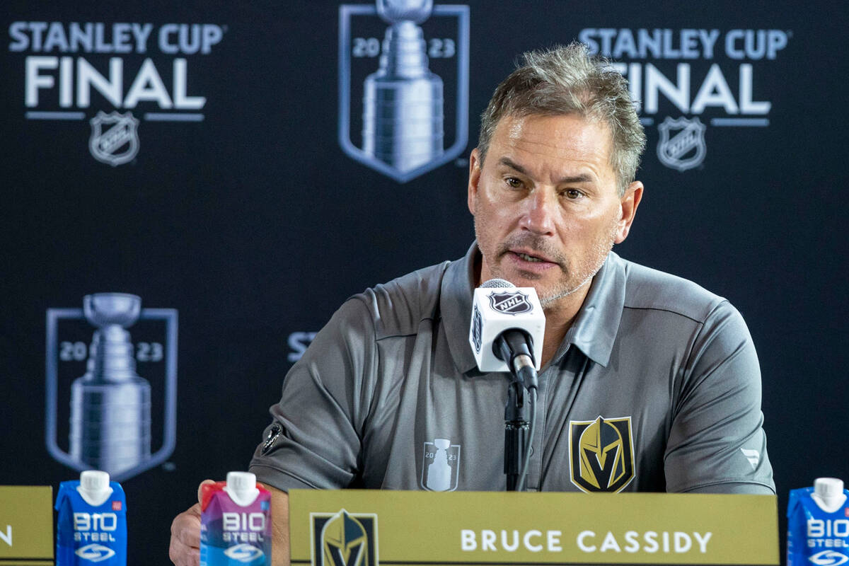 Golden Knights head coach Bruce Cassidy answers questions during a news conference at a Stanley ...