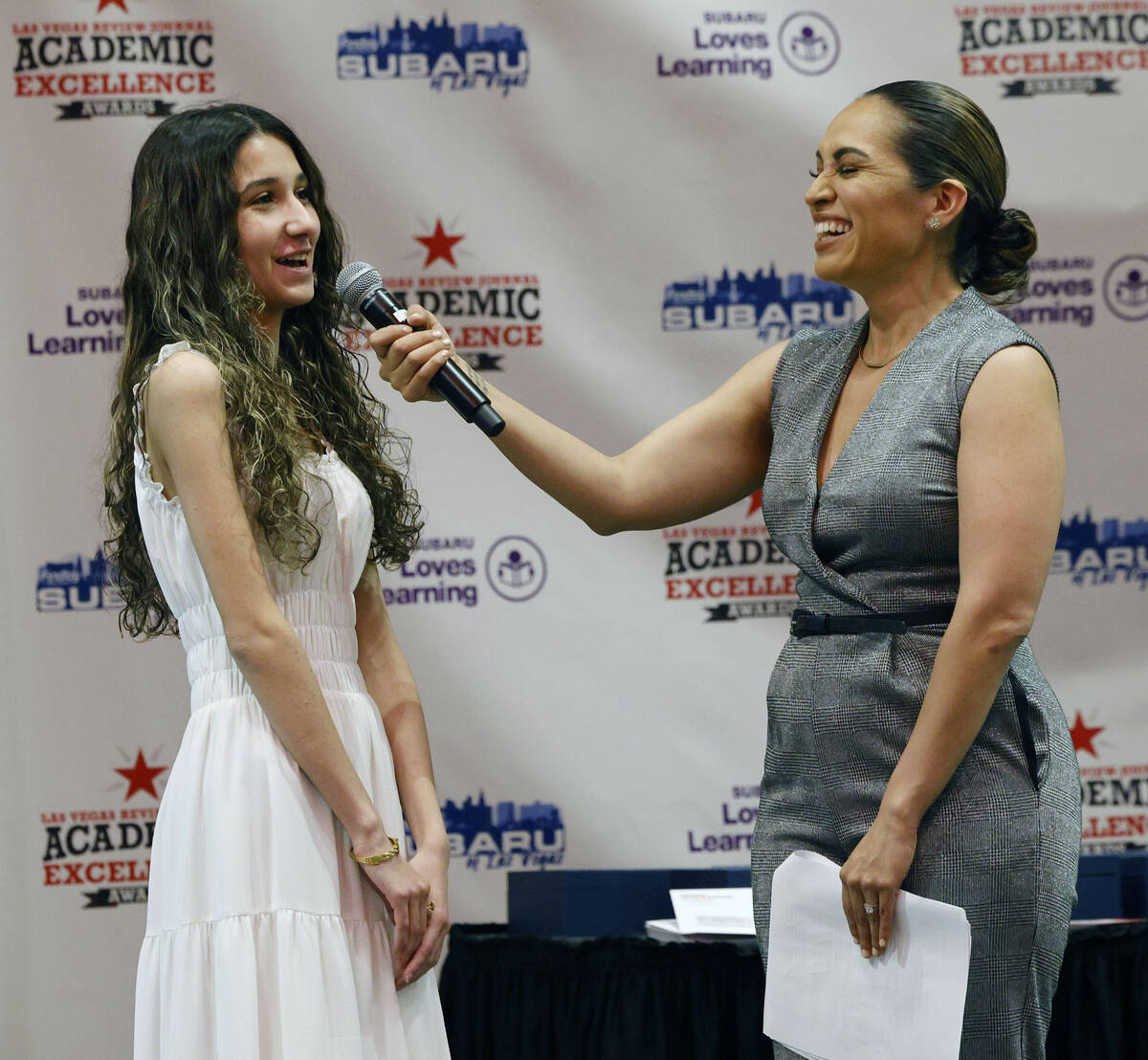 Danya Youssif, 12th grader of Valley High School, speaks to Carrie Roper, Las Vegas Review-Jour ...