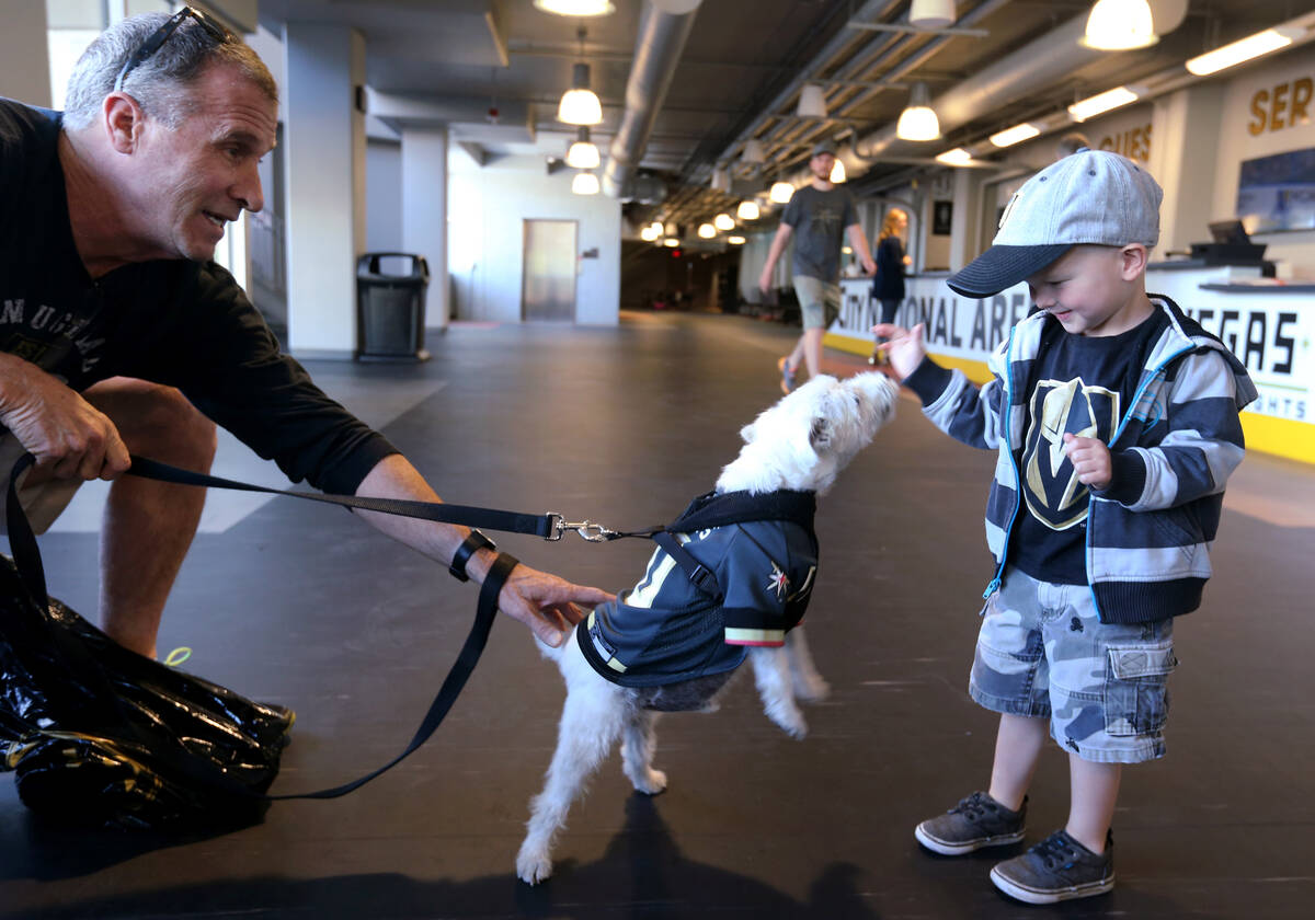 Bark-Andre Furry and his owner, Rick Williams, say hello to 3-year-old Griffin Schwarz of Las V ...