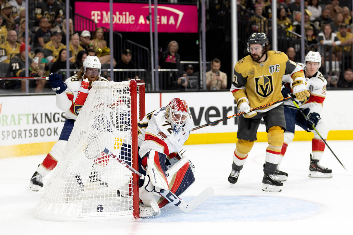 Florida Panthers goaltender Sergei Bobrovsky (72) misses the save on a shot by Golden Knights r ...