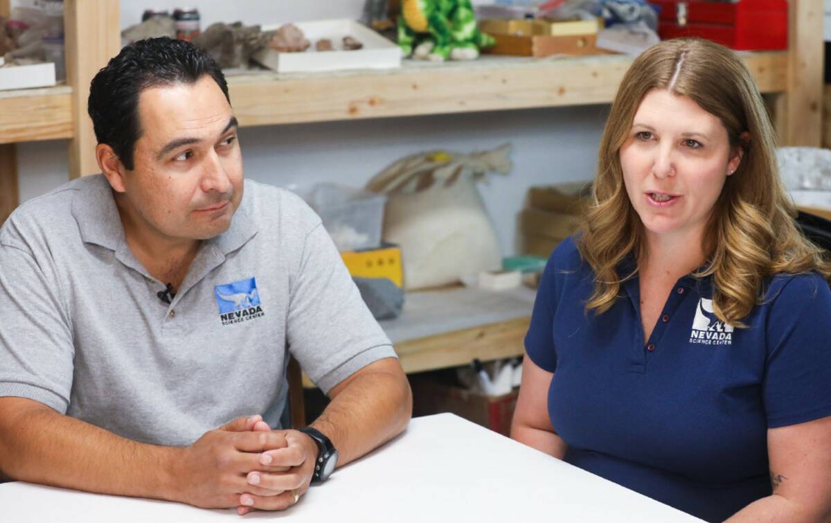 Paleontologist Dr. Joshua Bonde speaks to the RJ next to his wife Becky Hall at the Nevada Scie ...