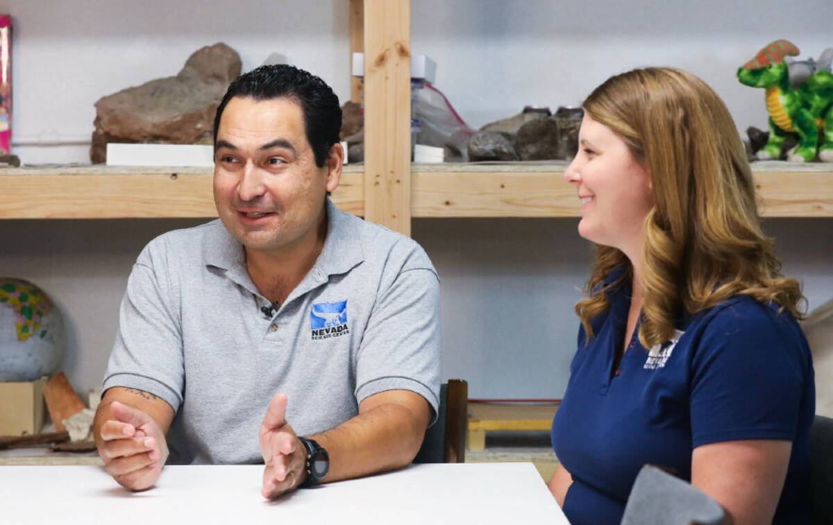 Paleontologist Dr. Joshua Bonde speaks to the RJ next to his wife Becky Hall at the Nevada Scie ...
