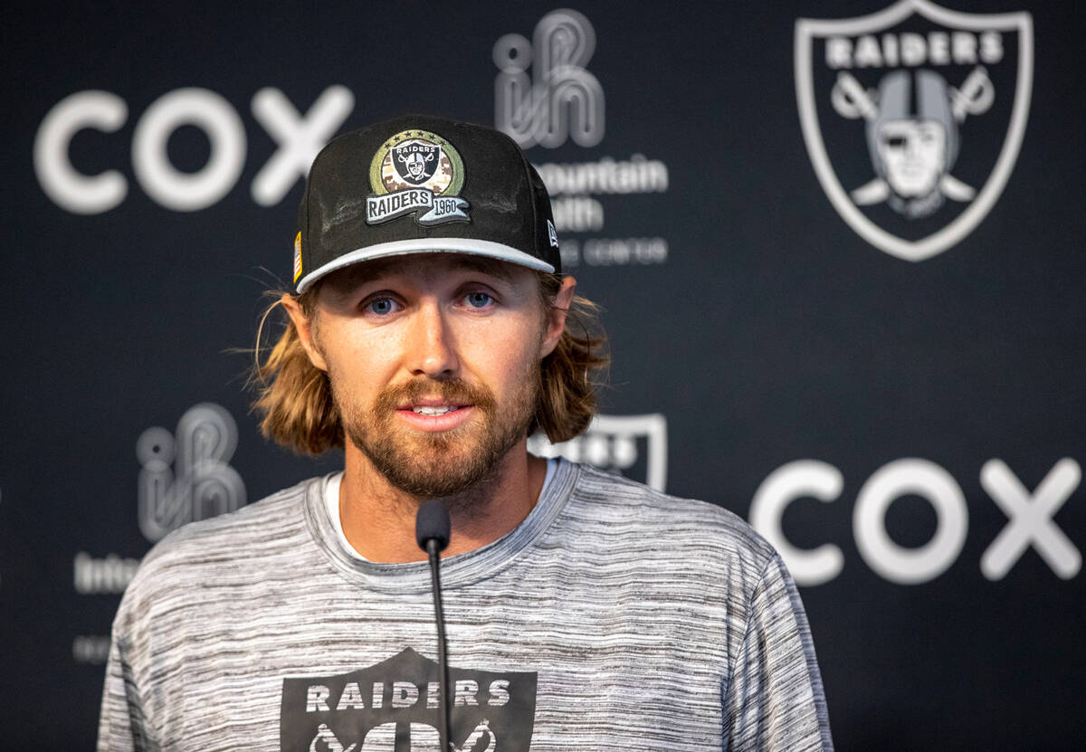 Raiders punter AJ Cole takes questions during a news conference at Intermountain Health Perform ...