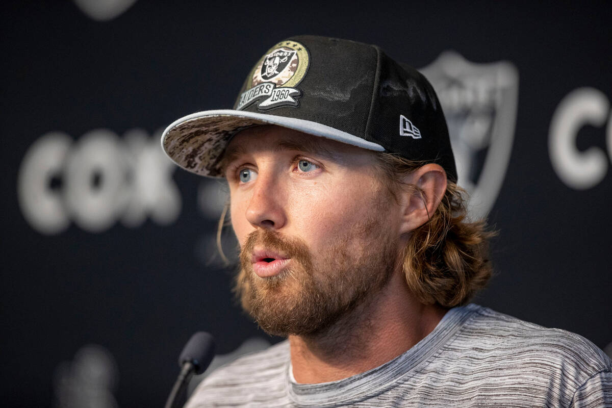 Raiders punter AJ Cole answers questions during a news conference at Intermountain Health Perfo ...