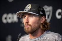 Raiders punter AJ Cole answers questions during a news conference at Intermountain Health Perfo ...