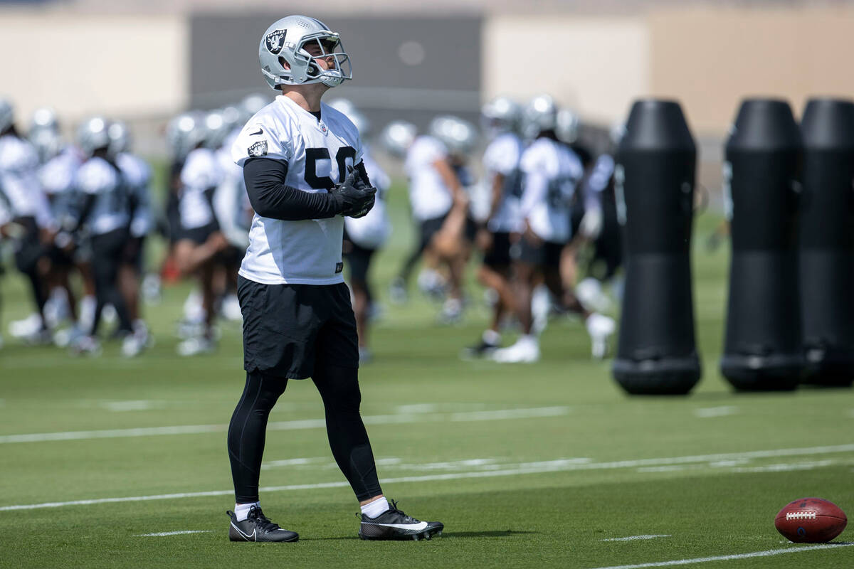Raiders long snapper Jacob Bobenmoyer (50) prepares to practice during a Raiders’ organi ...