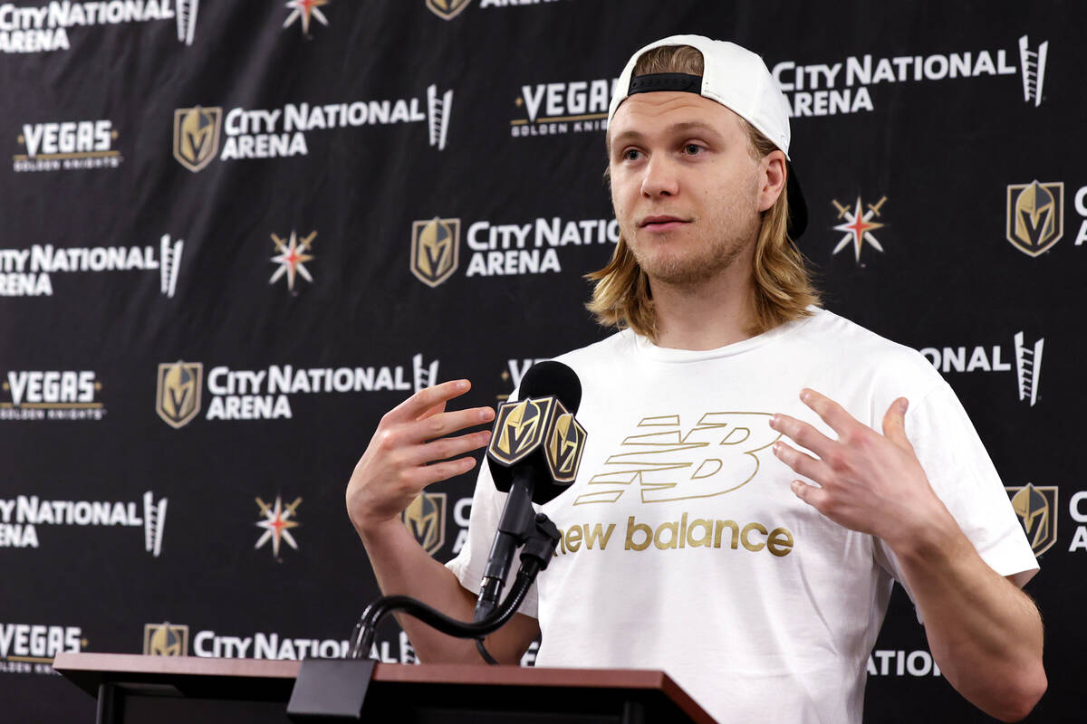 Vegas Golden Knights forward William Karlsson talks about the 2021-22 season during a news conf ...