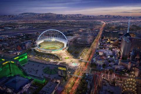 An artist rendering of what the Oakland Athletics Las Vegas ballpark could look like. The $1.5 ...