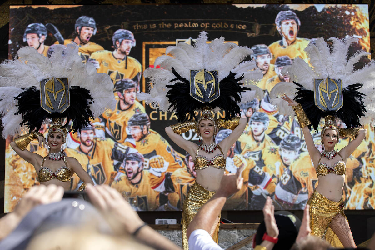 The Vegas Belles perform before Game 2 of the NHL hockey Stanley Cup Finals between the Golden ...