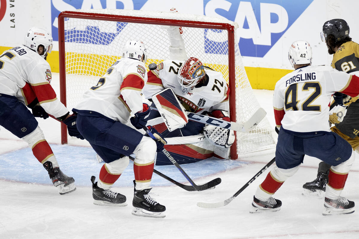 Florida Panthers goaltender Sergei Bobrovsky (72) can’t save the puck on a shot by Golde ...