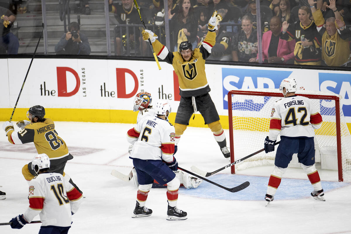 Golden Knights right wing Jonathan Marchessault (81) and Golden Knights center Jack Eichel (9) ...