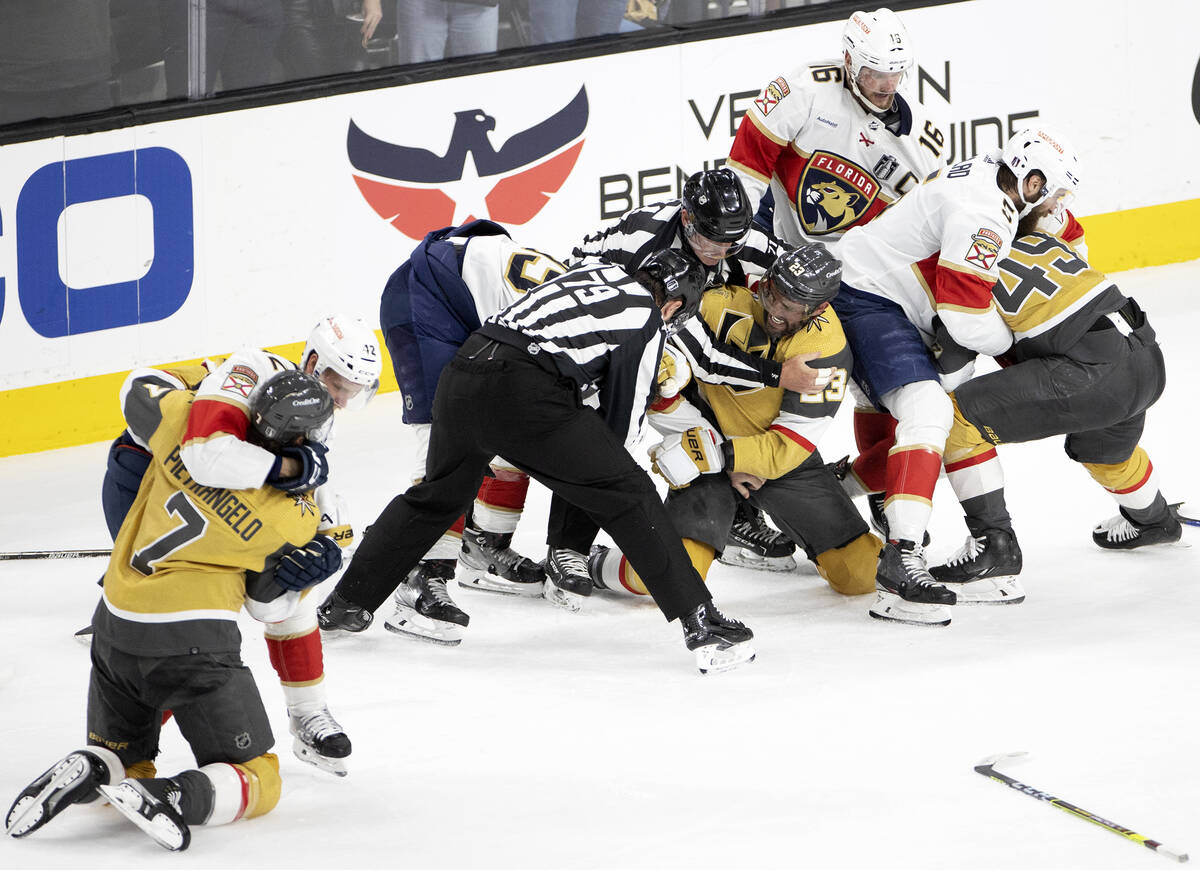 The Golden Knights and the Florida Panthers fight during the second period in Game 2 of the NHL ...