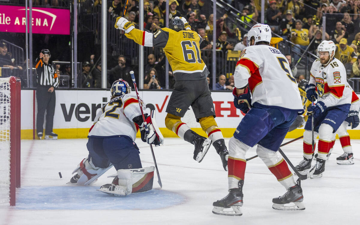 Golden Knights right wing Mark Stone (61) leaps to avoid a puck getting past Florida Panthers g ...