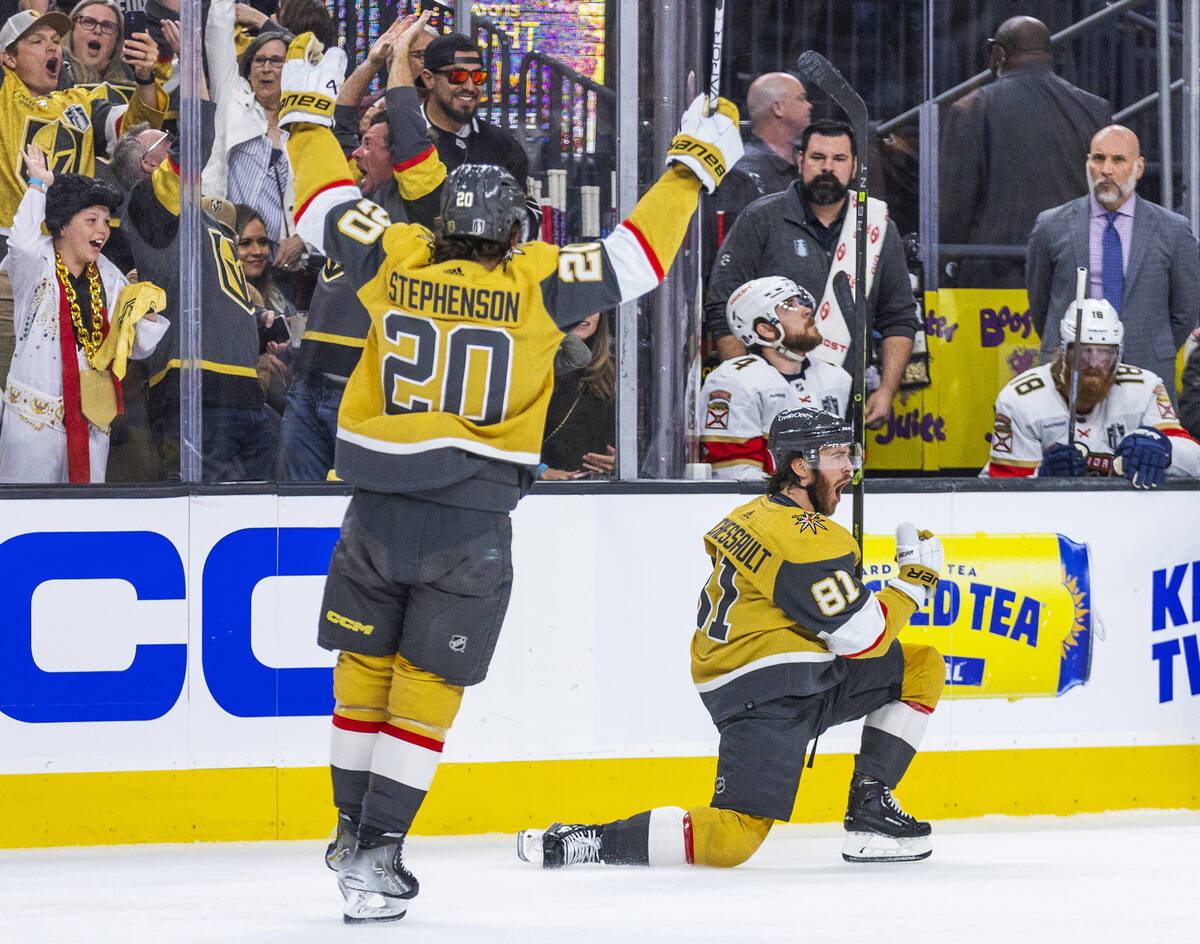 Golden Knights right wing Jonathan Marchessault (81) and teammates celebrate a goal against the ...
