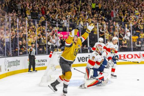 Golden Knights center Jack Eichel (9) celebrates a goal past Florida Panthers goaltender Sergei ...