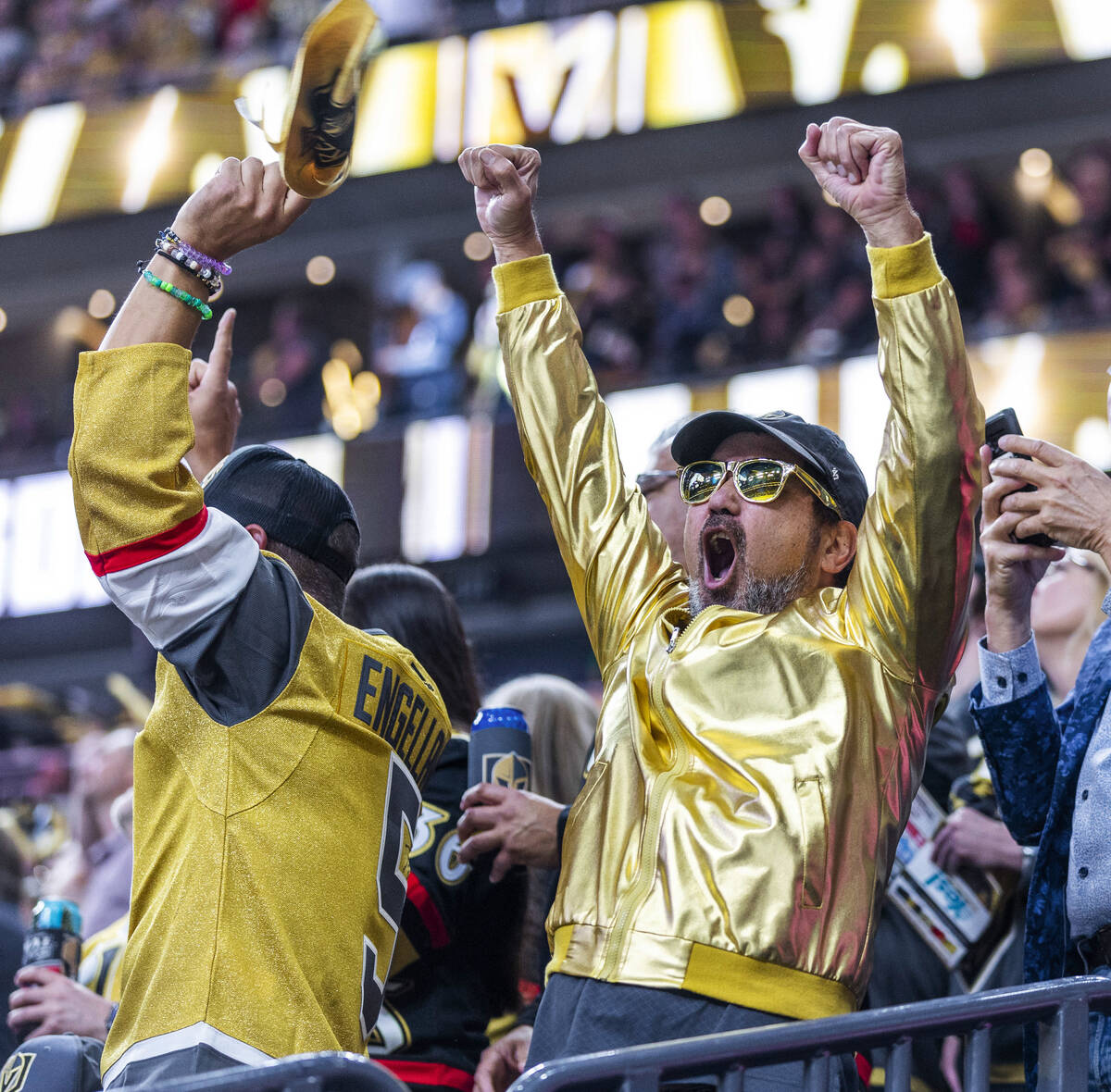 Golden Knights fans celebrate another score on the Florida Panthers in the first period during ...