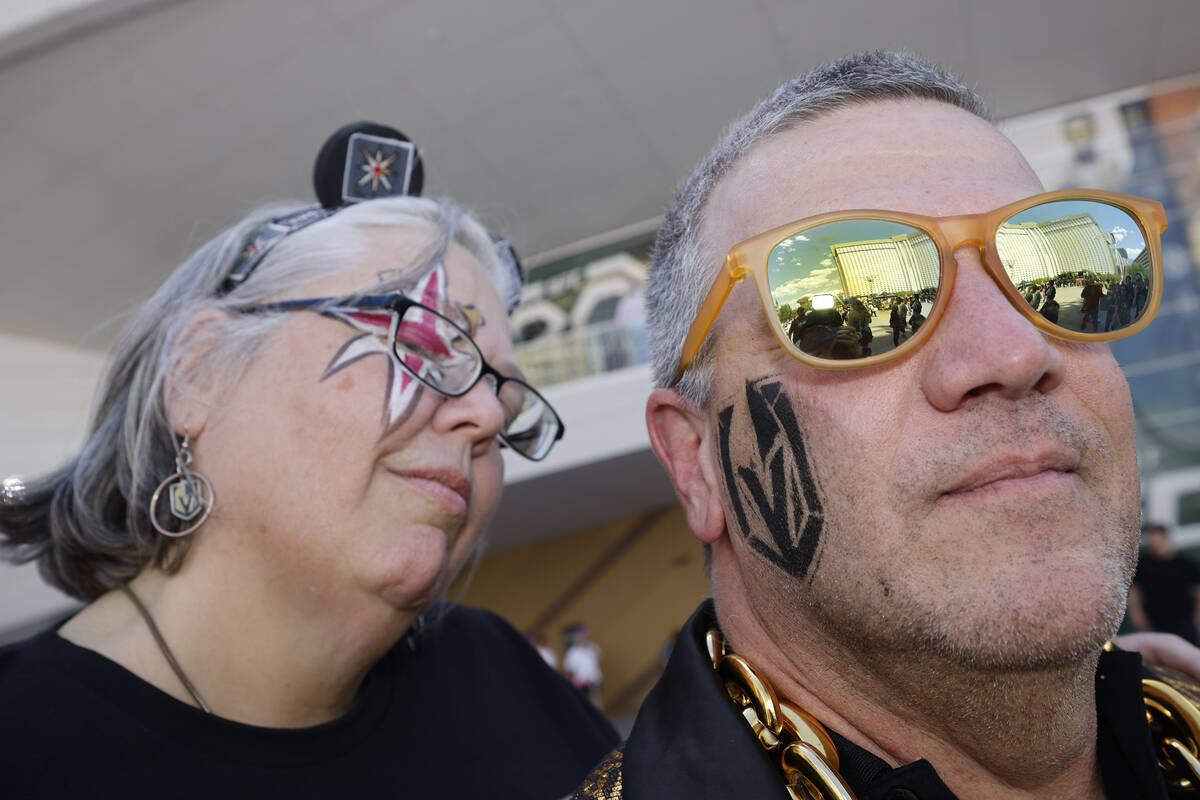 Golden Knights fan John Milkint of Lake Arrowhead, Calif. with his face painted in a Golden Kni ...