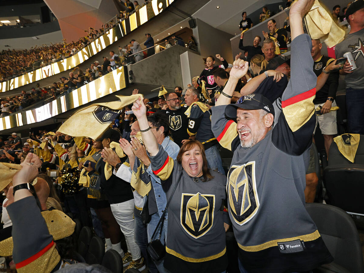 People react after Golden Knights center Brett Howden (21) scored a goal against Florida Panthe ...