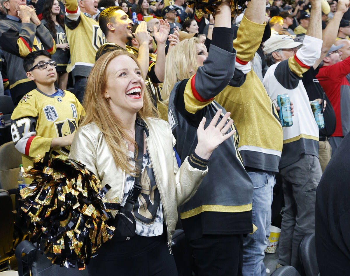 People react after Golden Knights center Brett Howden (21) scored a goal against Florida Panthe ...