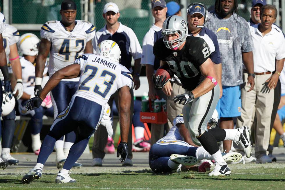 Oakland Raiders tight end Zach Miller (80) runs against San Diego Chargers cornerback Quentin J ...