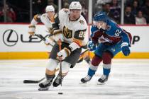 Vegas Golden Knights left wing William Carrier (28) drives down the ice with the puck as Colora ...