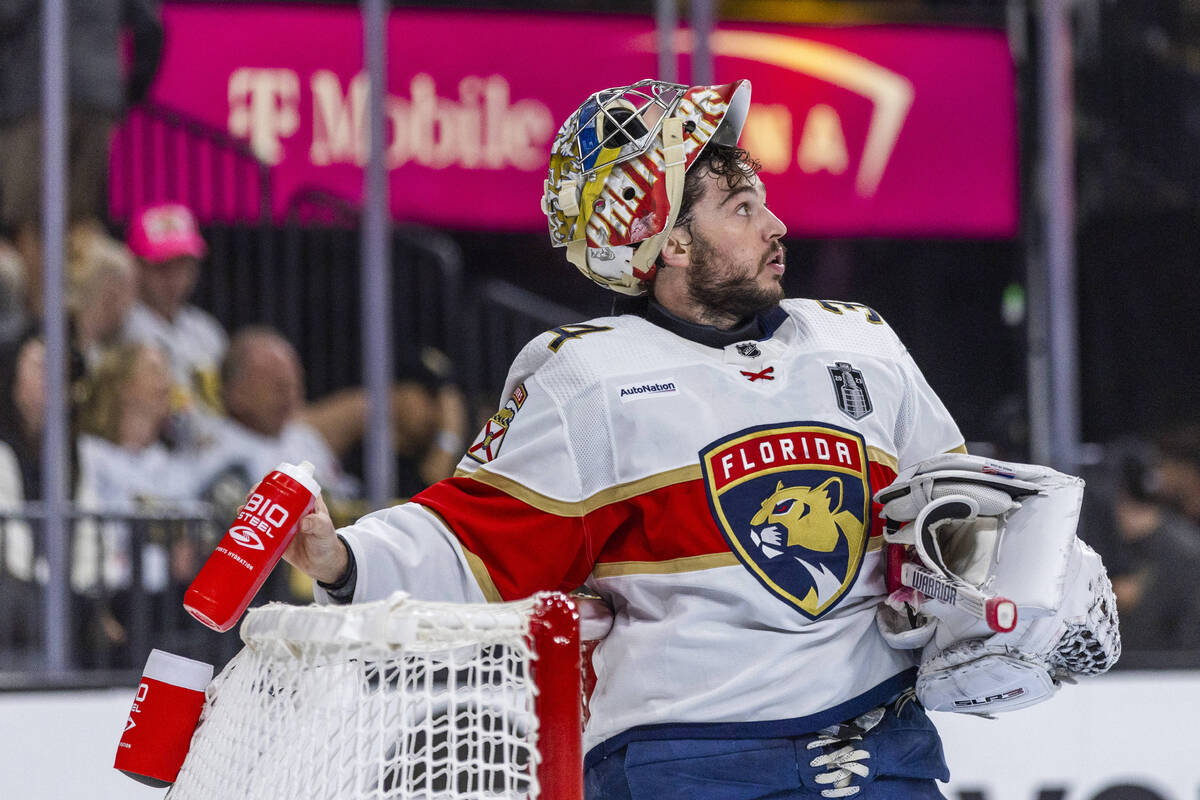 Florida Panthers goaltender Alex Lyon (34) looks to the replay after giving up another goal to ...